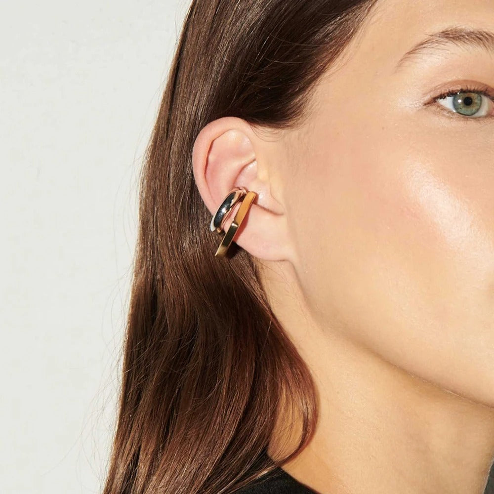 Geometric Gold & Silver Stainless Steel Ear Cuff – No Piercing Clip-On Square & Round Design Earring for Women & Men