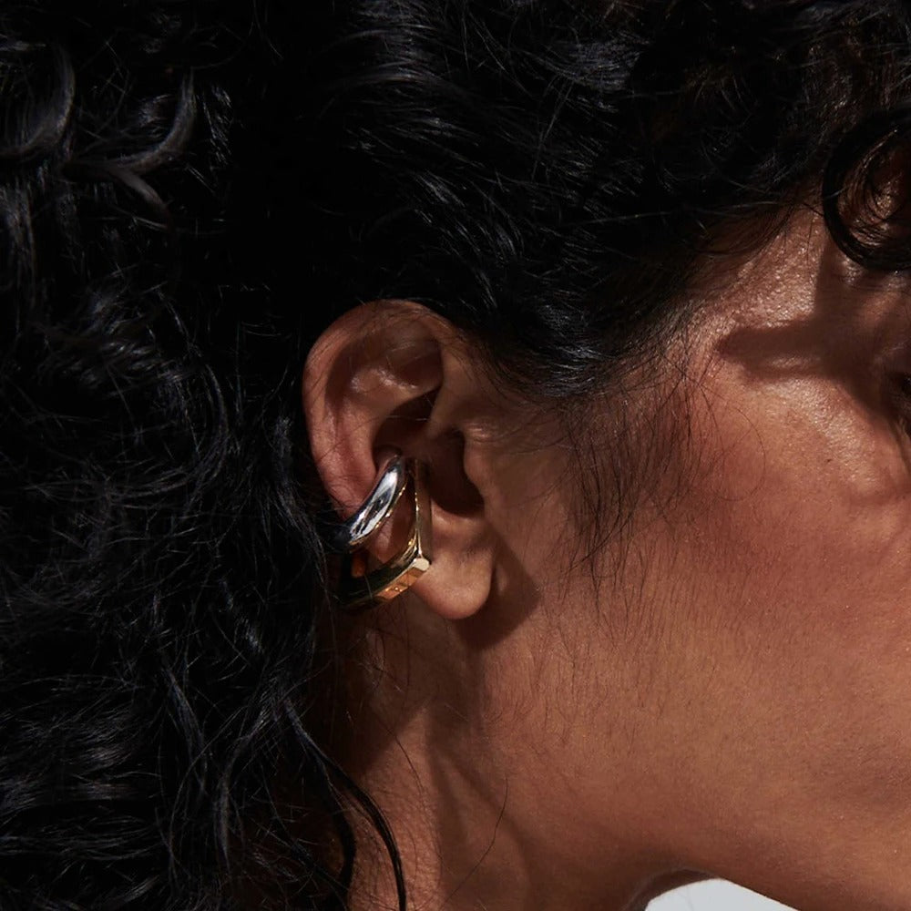 Geometric Gold & Silver Stainless Steel Ear Cuff – No Piercing Clip-On Square & Round Design Earring for Women & Men