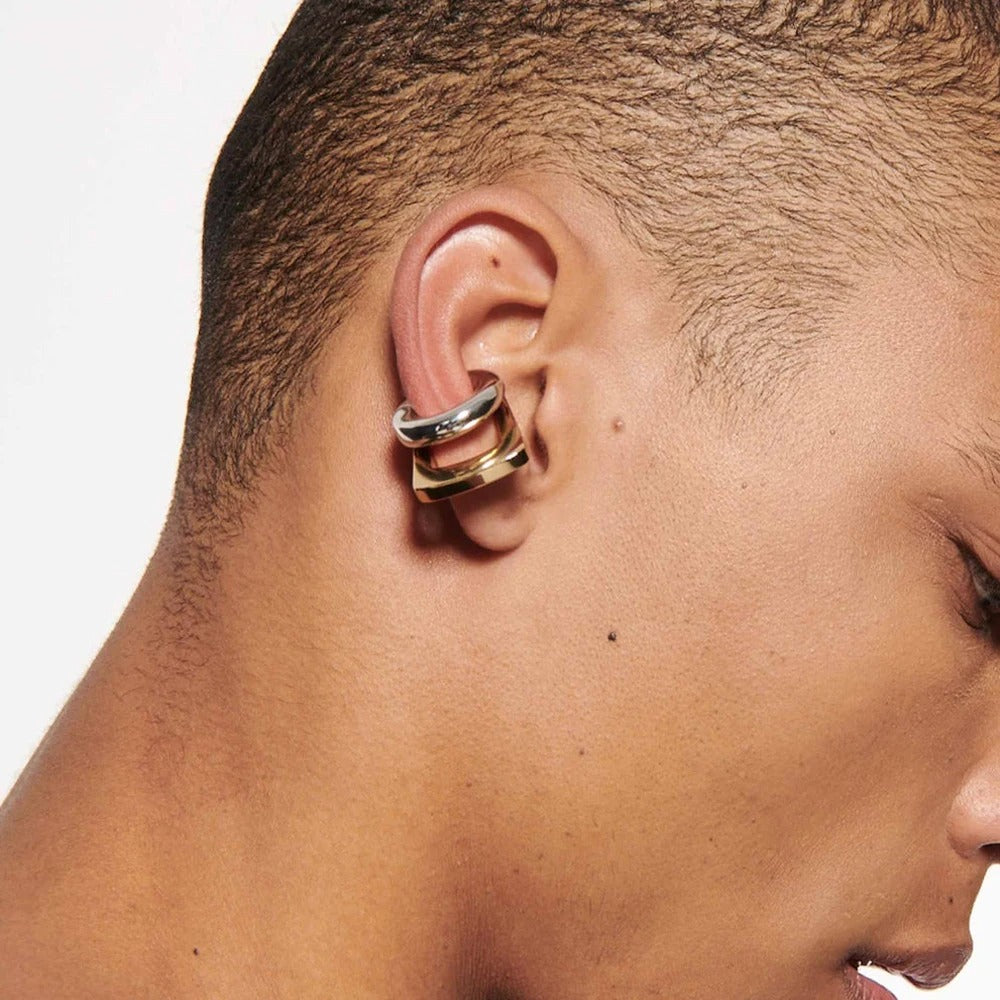 Geometric Gold & Silver Stainless Steel Ear Cuff – No Piercing Clip-On Square & Round Design Earring for Women & Men